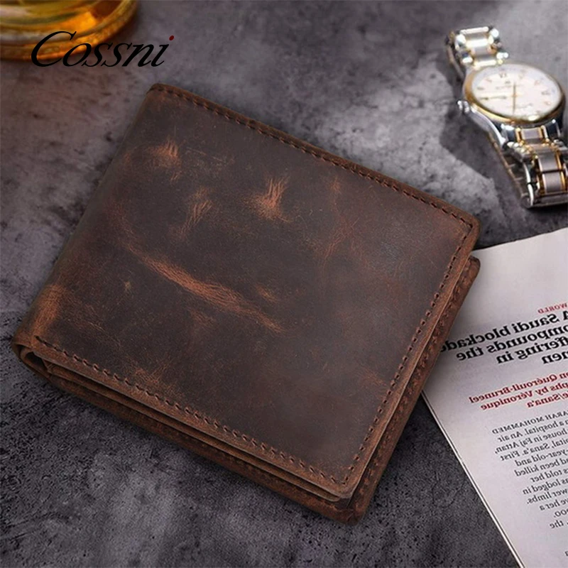 COSSNI Custom Men's Genuine Crazy Horse Leather Wallet Vintage Short RFID Wallets Open Closure Type Wholesale Gift Option