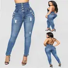 Women's Blue Jeans New High Waist Four-Breasted Stretch Slim Slimming Pants Women High Waist Skinny Jeans