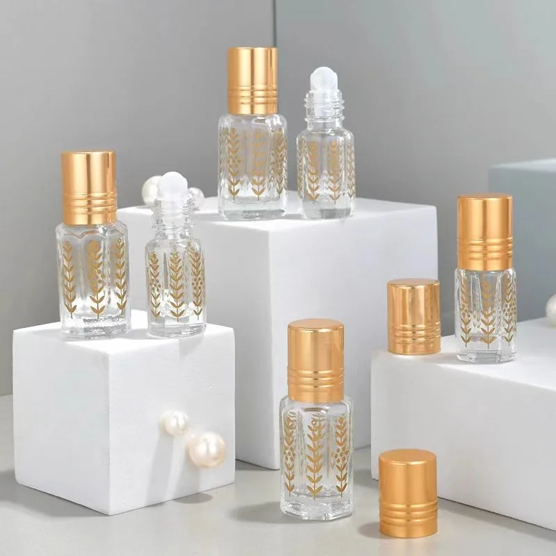 Top Grade 3ml 6ml 12ml Empty Golden Octagonal Essential Oil Roller Bottle Leaf-pattern Glass Roll on Perfume Bottle