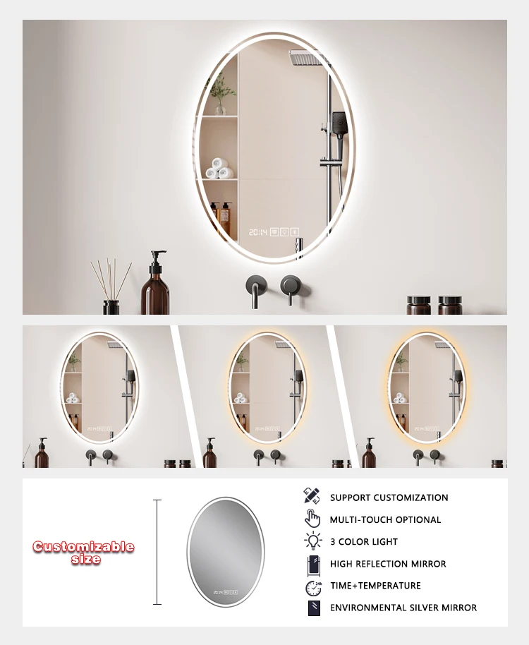 product customized modern bath mirror smart makeup mirror wall mount entryway oval led bathroom mirror with led lighting for villa-4