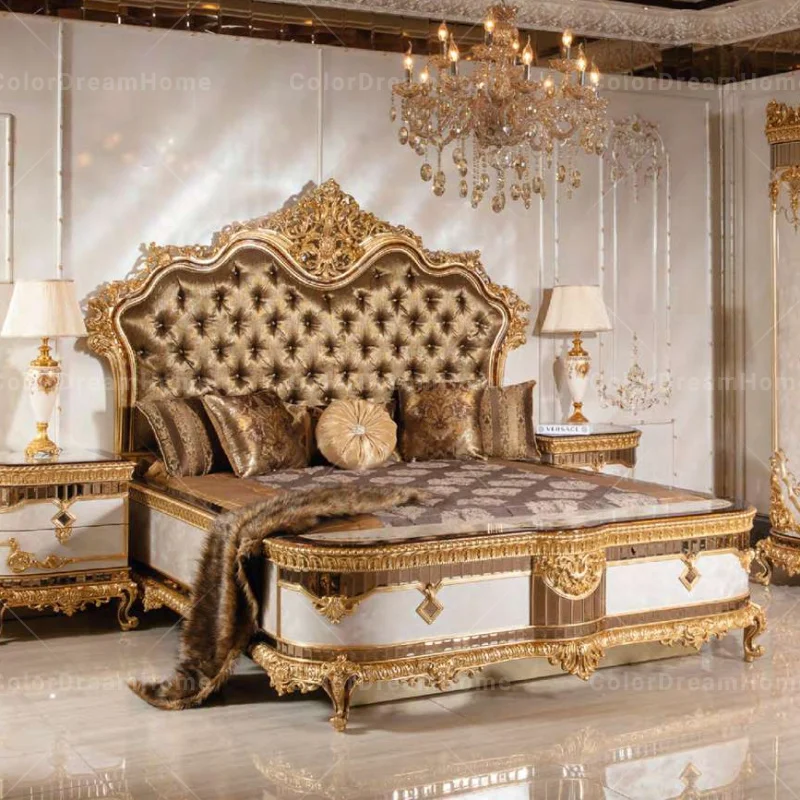 Royal Luxury Gold Hand Carving Bedroom Furniture Set