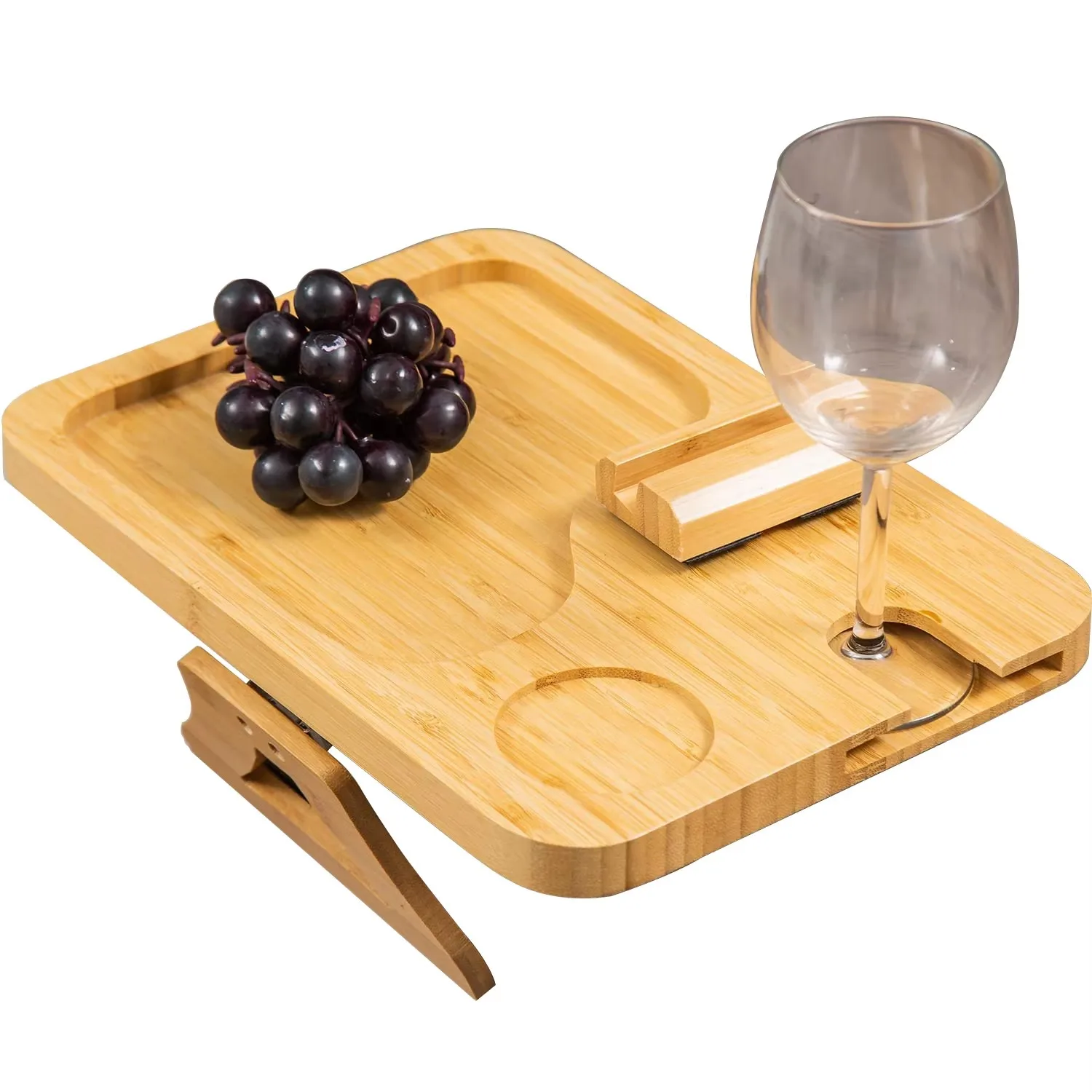 Wholesale Foldable Bamboo Sofa Arm Tray Table 360 Rotating Phone Holder for Living Room Lacquer Cup Drink Holder for Snacks