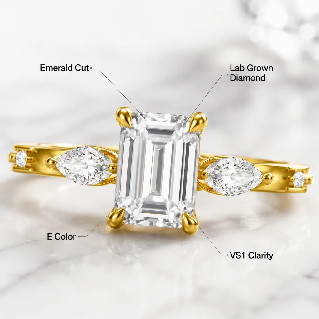 14K Gold Emerald Cut Lab Grown Diamond Ring Marquise Lab Created Diamond Engagement Ring Lab Diamond Rings for Women