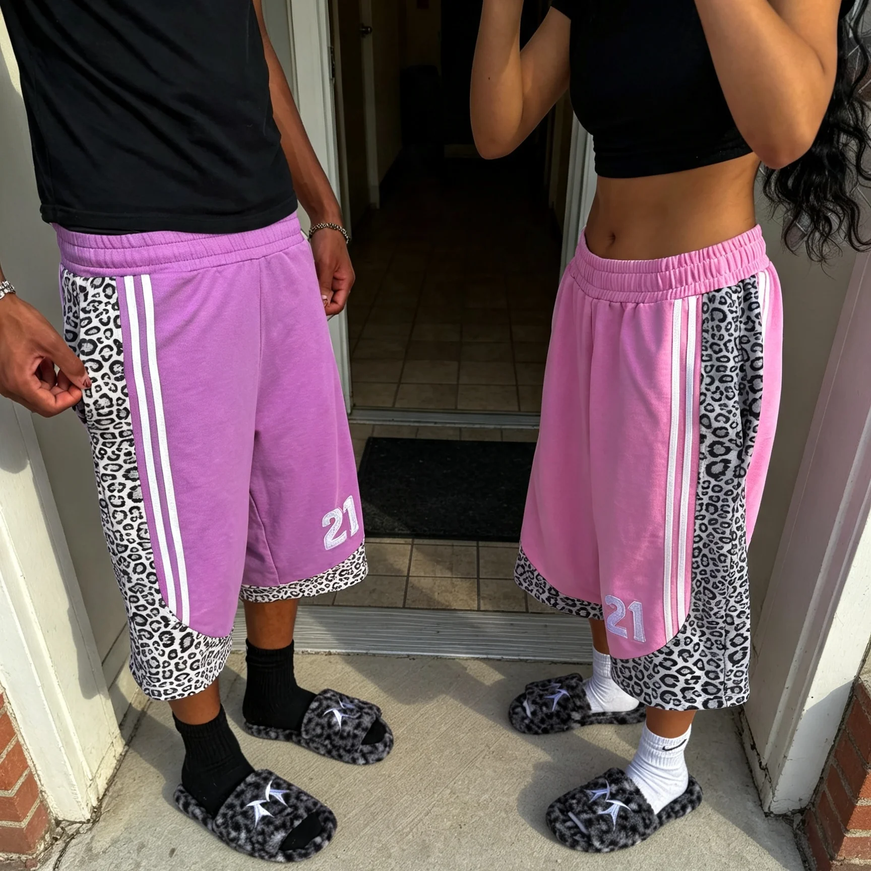Made to Order Custom Vintage Washed Leopard Print Side Panel Shorts Double Stripe Letter Embroidered Wide Leg Sweat Shorts