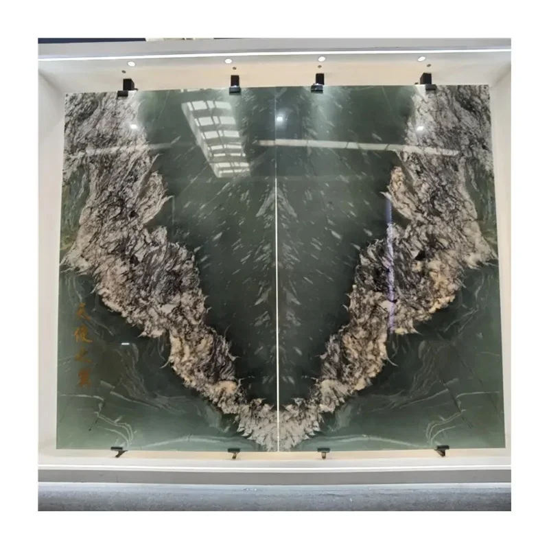 Book match green quartzite backlight led brazilian exotic stone slab for villa tv wall design
