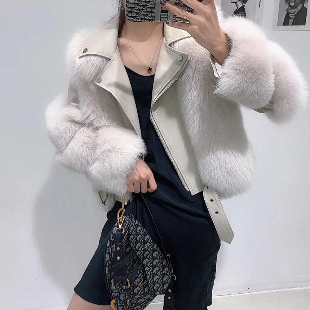 New Fashion Genuine Sheepskin Leather Fur Jacket Women Real Leather Fox Fur Coat