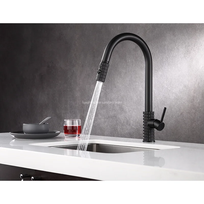 Factory Straight Hair High Quality Modern Single Handle Matte Black Kitchen Sink Faucet Simple Drop-down Sprayer.