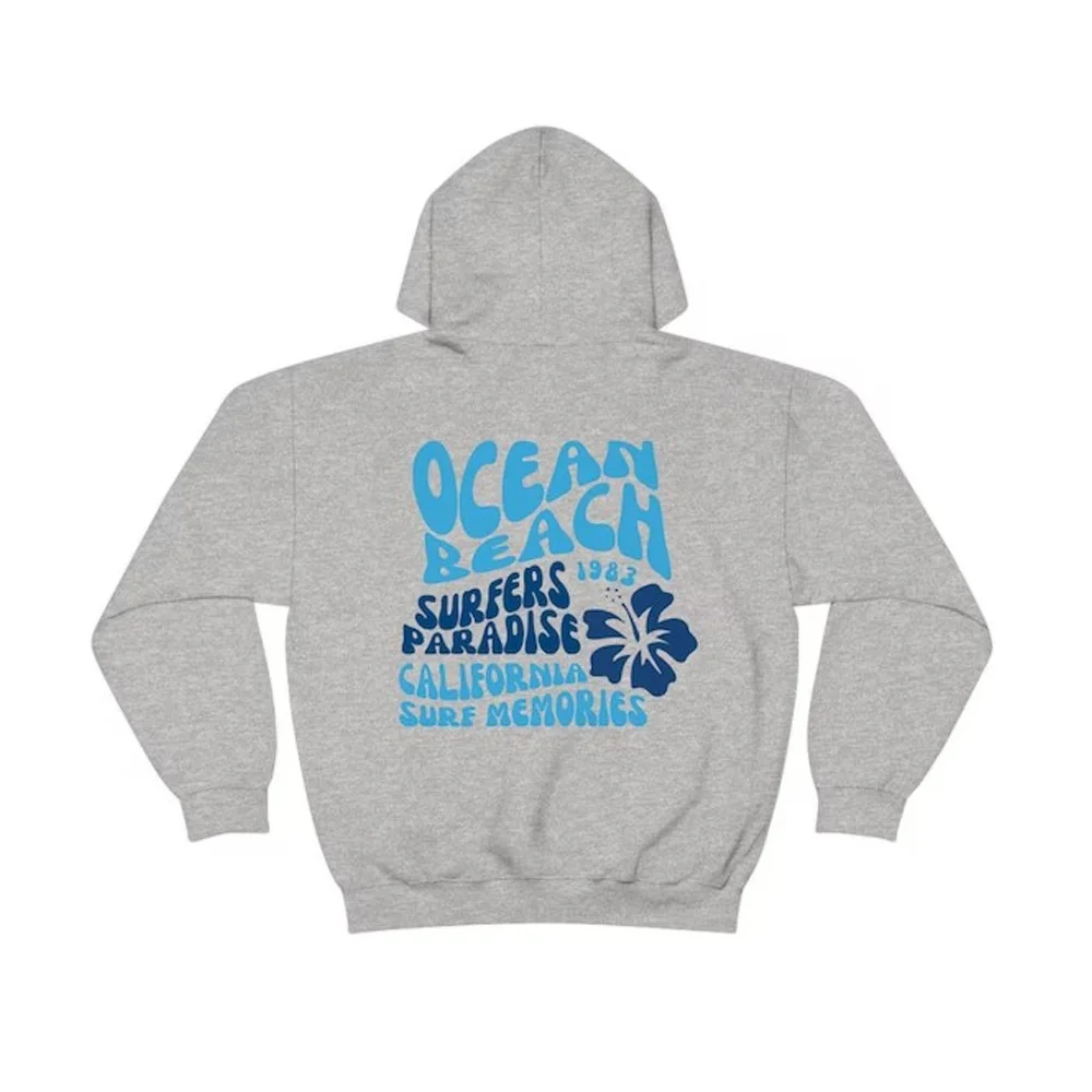 White Oversized Hoodie With Blue Ocean Graphic Women's Casual