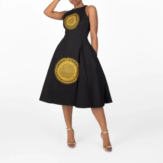 Dashiki Embroidery Women Dress Gold Embroidery Black Sleeveless Dress African Print Silk Round Neckline Dress for Party Dashiki Embroidery Women Dress Gold Embroidery Black Sleeveless Dress African Print Silk Round Neckline Dress for Party