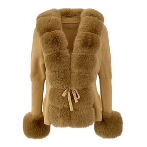 2025 Winter Fashion Casual Women's Artificial Wool Knitted Sweater Front Cardigan Belt Closure Print Stripe Top