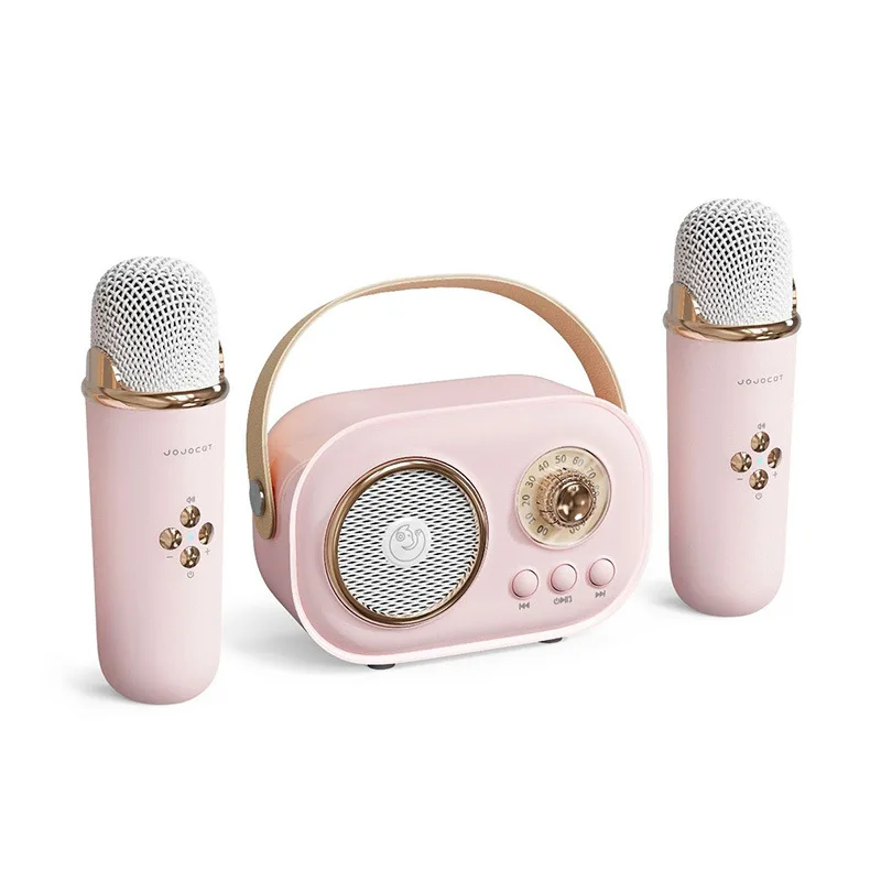 Factory Mini Bluetooth Karaoke Speaker with 2 Microphone Kids Wireless Small Singing Machine Speaker OEM Promotion Birthday Gift