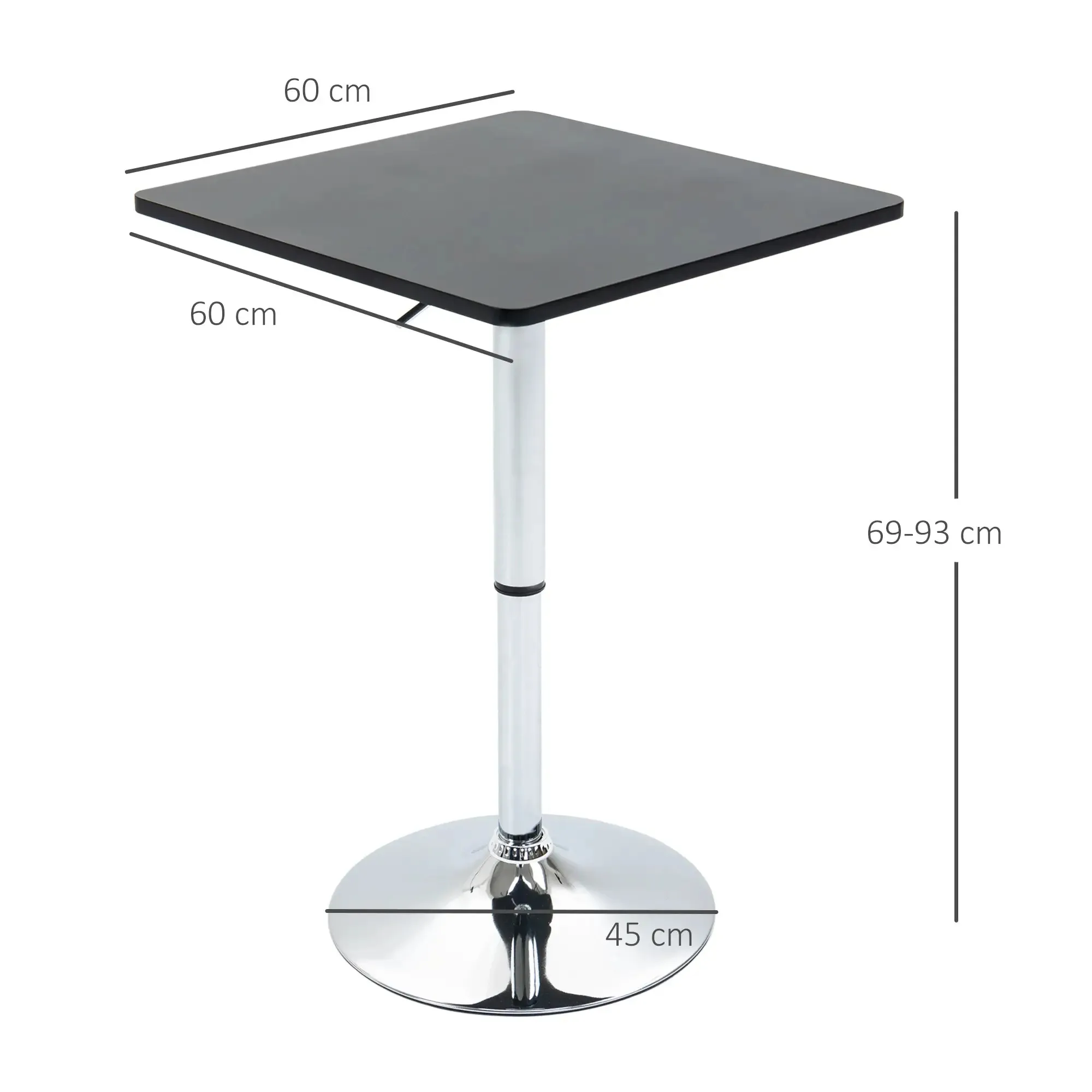 HOMCOM Height Adjustable Square Table, Metal and MDF, Bar Table, Kitchen, Living Room, Black, 60x60x69-93cm
