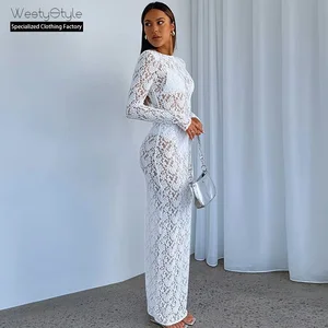 Women's Sexy Woven Satin Washable Floor-Length V-neck Long Sleeve Pencil Silhouette Dress Solid Summer See-Through Slim Natural