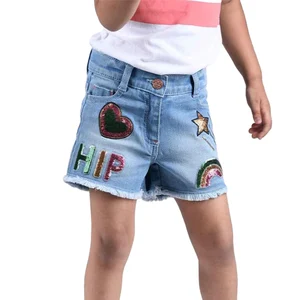 Customizable Stylish Chic Jeans Shorts Hip Hop Sequin Patches Star Rainbow Girls Denim Shorts