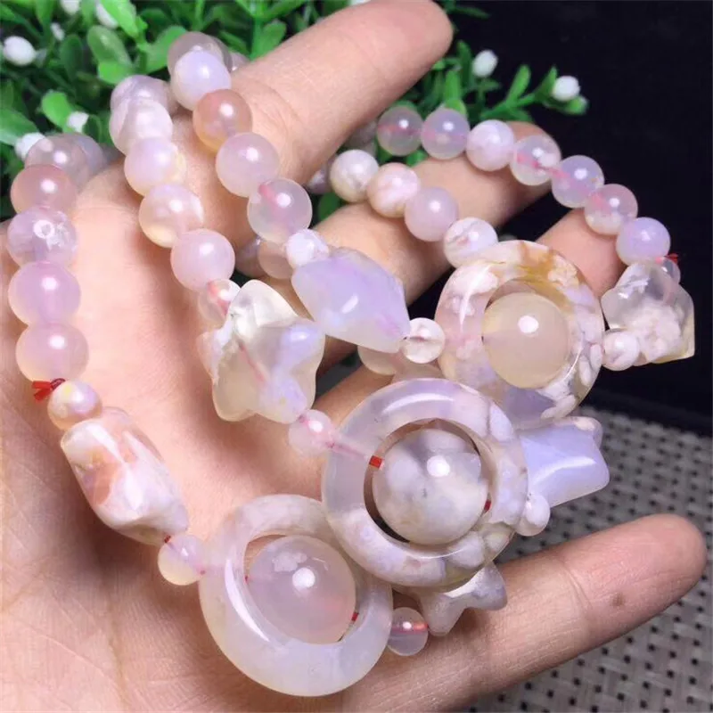 1 Pc Fengbaowu Natural Green Cherry Blossom Stone Bracelet Flower Sakura  Agate Round Bead Crystal Healing Women Jewelry Gift