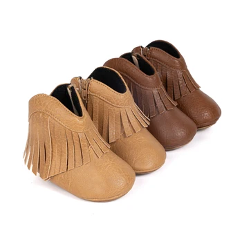 Customize Baby Moccasin Boots Tassels Soft Leather Ankle Baby Booties Infants Side Zipper Closure And Fringe Detail