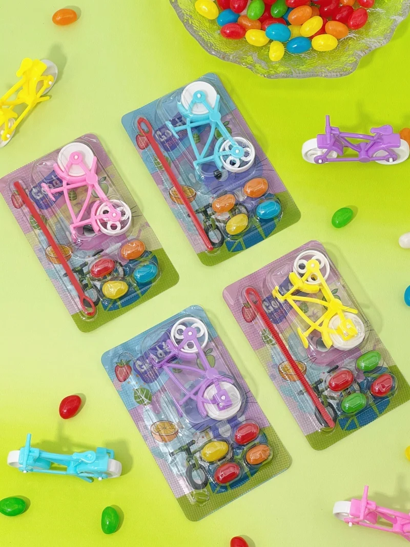 Low MOQ Hot New Wholesale Cheap Plastic Mini Bicycle Toys with Jelly Bean Halal Candy Sweets for Kids