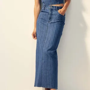 Clothing Manufacturers Custom Spring Summer Autumn Casual Zip Button Pockets High Waist Stripe Denim Maxi Skirt