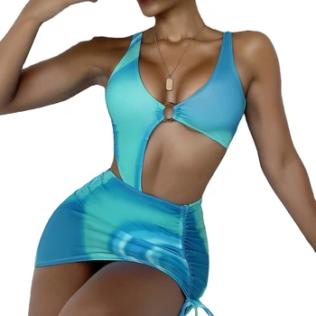 2023 New color block ring connection printed one-piece short skirt swimsuit bikini