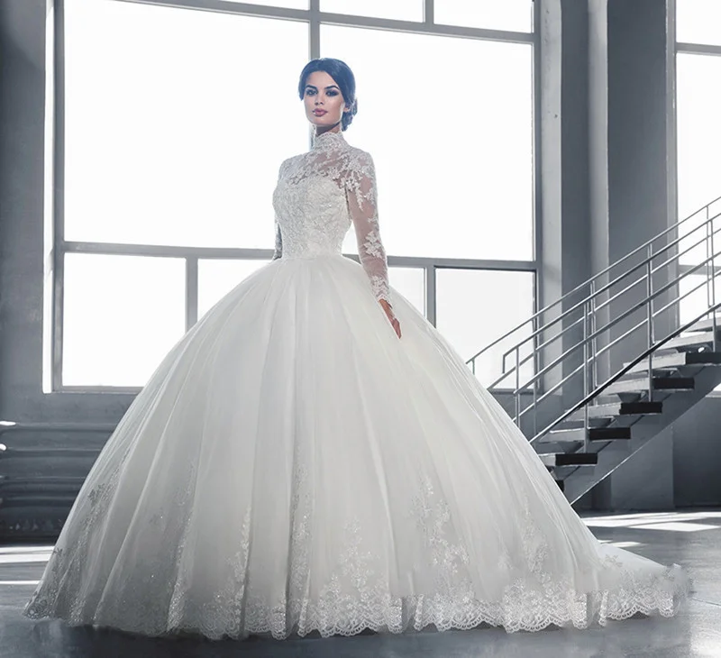 knee length dresses for ladies Modest Long Simple Wedding Dress High Neck Full Sleeves