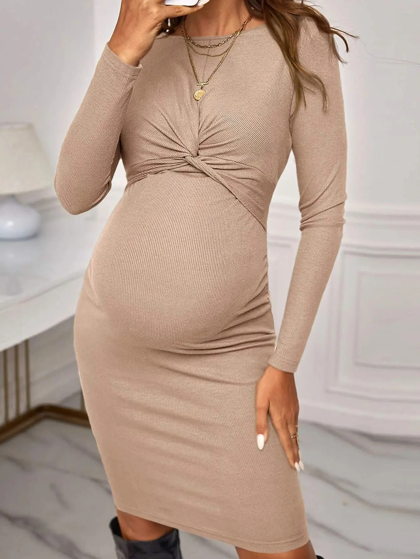 beige shapewear dress The Savannah- Rental Gown – Second Born Maternity Wear