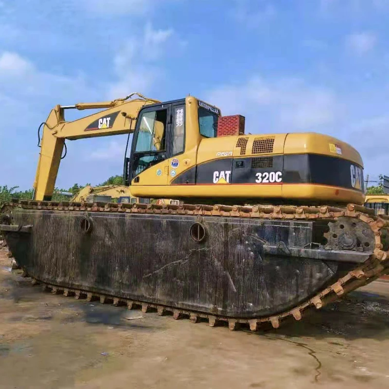 Used Amphibious Excavator Dredger CAT 320, CAT 320C 320CL 320D 320D2 Excavator, River Sand Dredging Machine Pontoon Boat Sides