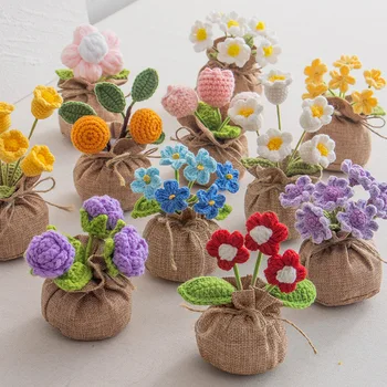 New Hand-Knitted Wool Flower Pot Sunflower Lucky Bag Simulated Rose Desktop Ornaments Gifts for Christmas Valentine's Day New