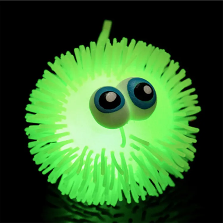 Factory Custom Light Rubber Flashing Toy Led Soft Hairy yoyo Puffer Ball with Eyes