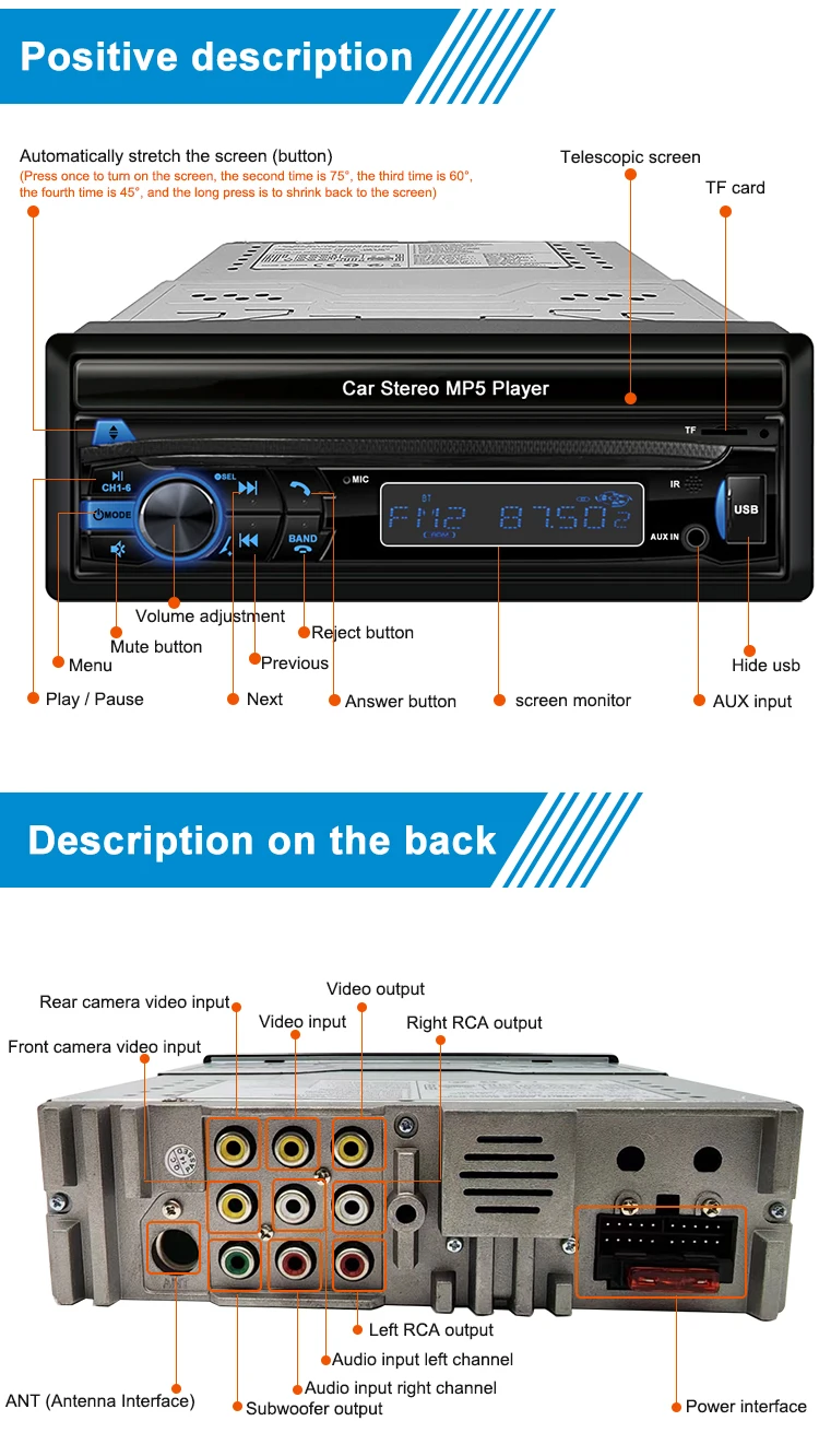 7" Full Touch Screen Car Audio Mp5 Player Car Tv Video Monitor With Bt Mirror Link Fm Radio