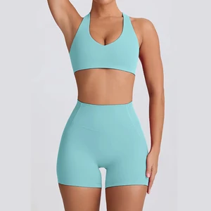 High End Custom Logo Fitness Set Women Plus Size Padded Bra Peach Hip Shorts Moisture Wicking Ensemble De Yoga