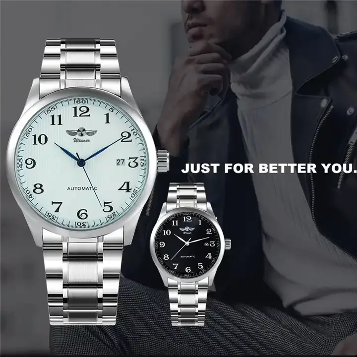 WINNER 166 Hot Sale Men Fashion Brand Mechanical Wrist Watches Luxury Date Calendar Steel Strap Waterproof Mens Watches for Man
