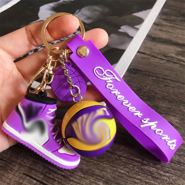 Popular Custom Designer logo Mini 3d Rubber Basketball Shoe Keychain with Ball