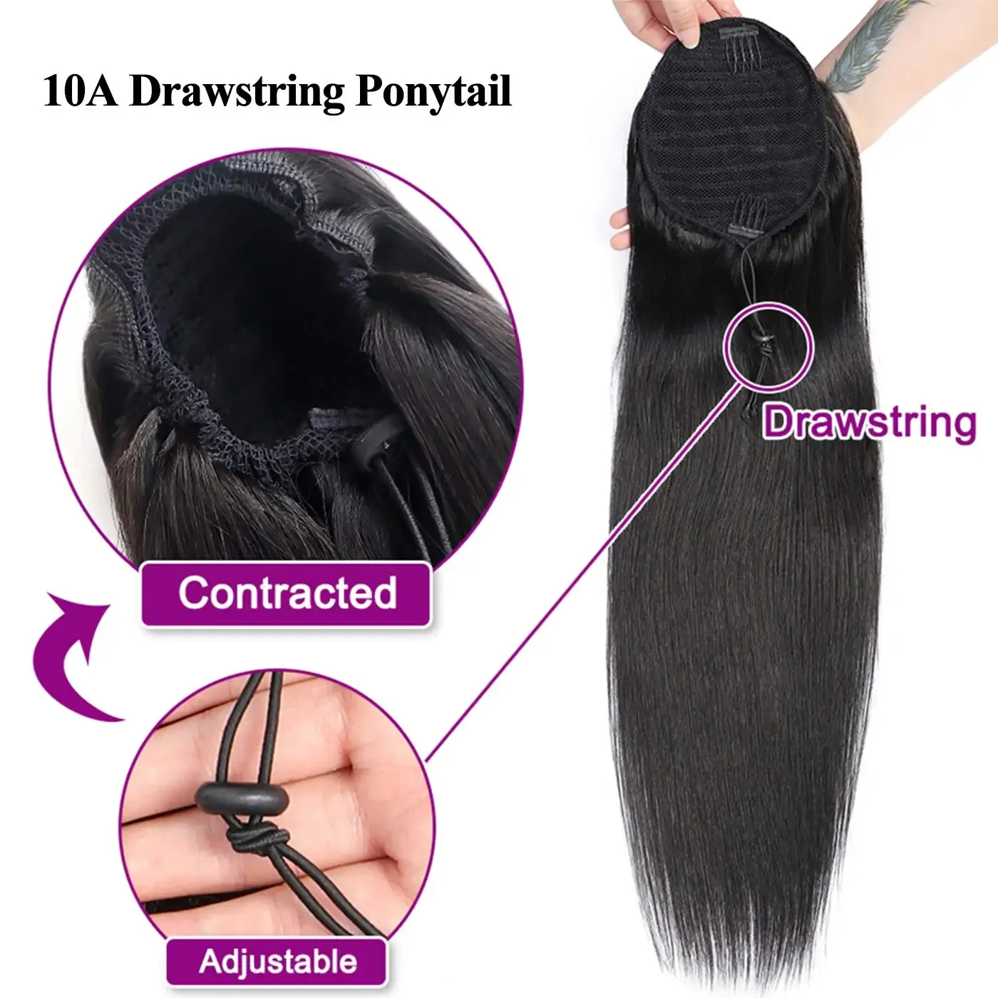 Human Hair Ponytail Extension Long Straight Drawstring Hair Piece_voghion.com