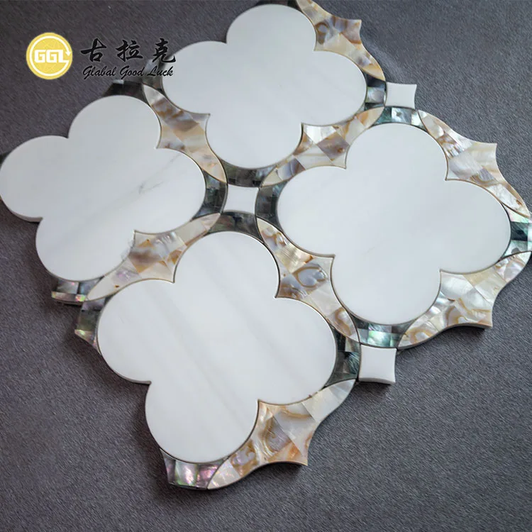 Factory Thassos White Marble Mixed Mother of Pearl Shell Waterjet Mosaic Tile for Kitchen Backsplash Bathroom Decor