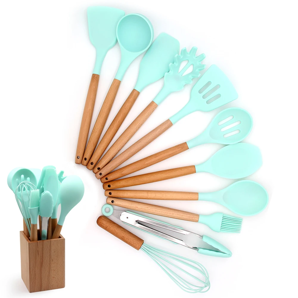 Лучшие продажи натурального дерева 11 шт. силиконовые пособия по кулинарии посуда с деревянной коробке