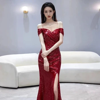 Women Maxi Dress Fashion One Shoulder  Evening Dress Luxury Red  Ball Gown