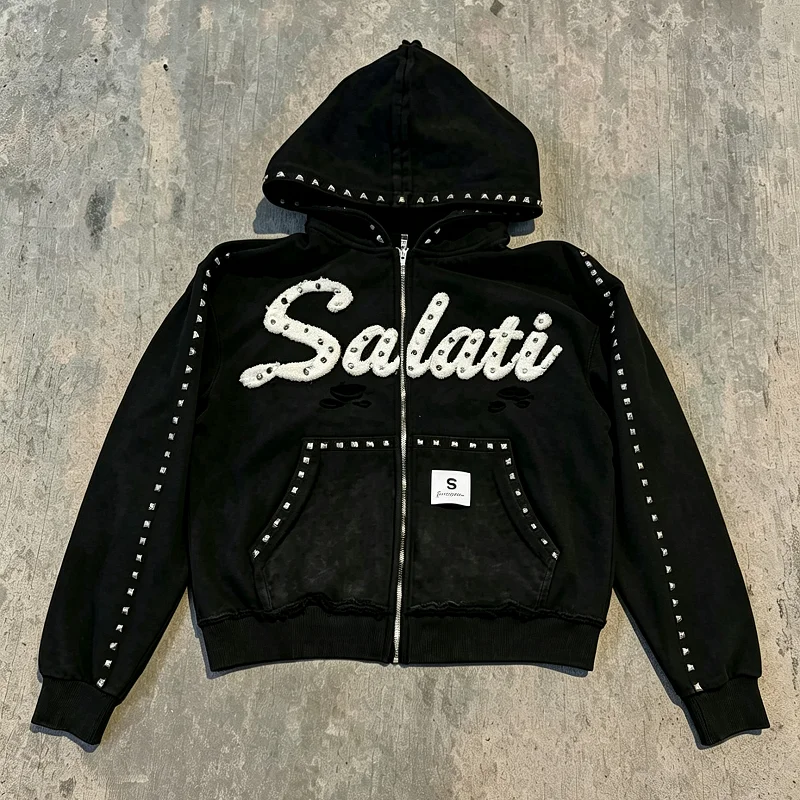 Men's Zip-Up French Terry Hoodie, Acid Washed Distressed Rhinestone Patch Embroidery, US Tax-Free Streetwear gallery 7