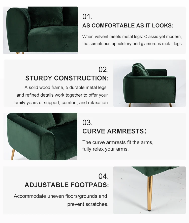 Changde Mid-Century Modern Design Settee Sofa for Living Room Metal Legs Easy Assembly Velvet Surface Couch