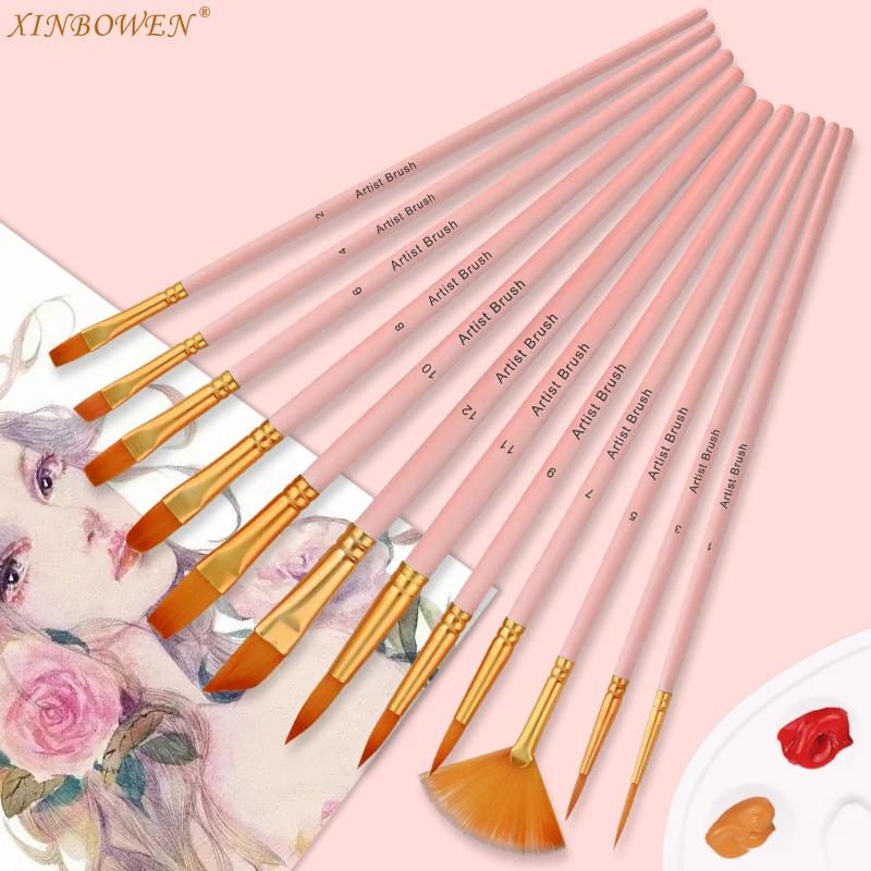 12 pcs Pink gouache Painted acrylic brush special paint brush wear  resistant waterproof brush set art supplies for painting - AliExpress
