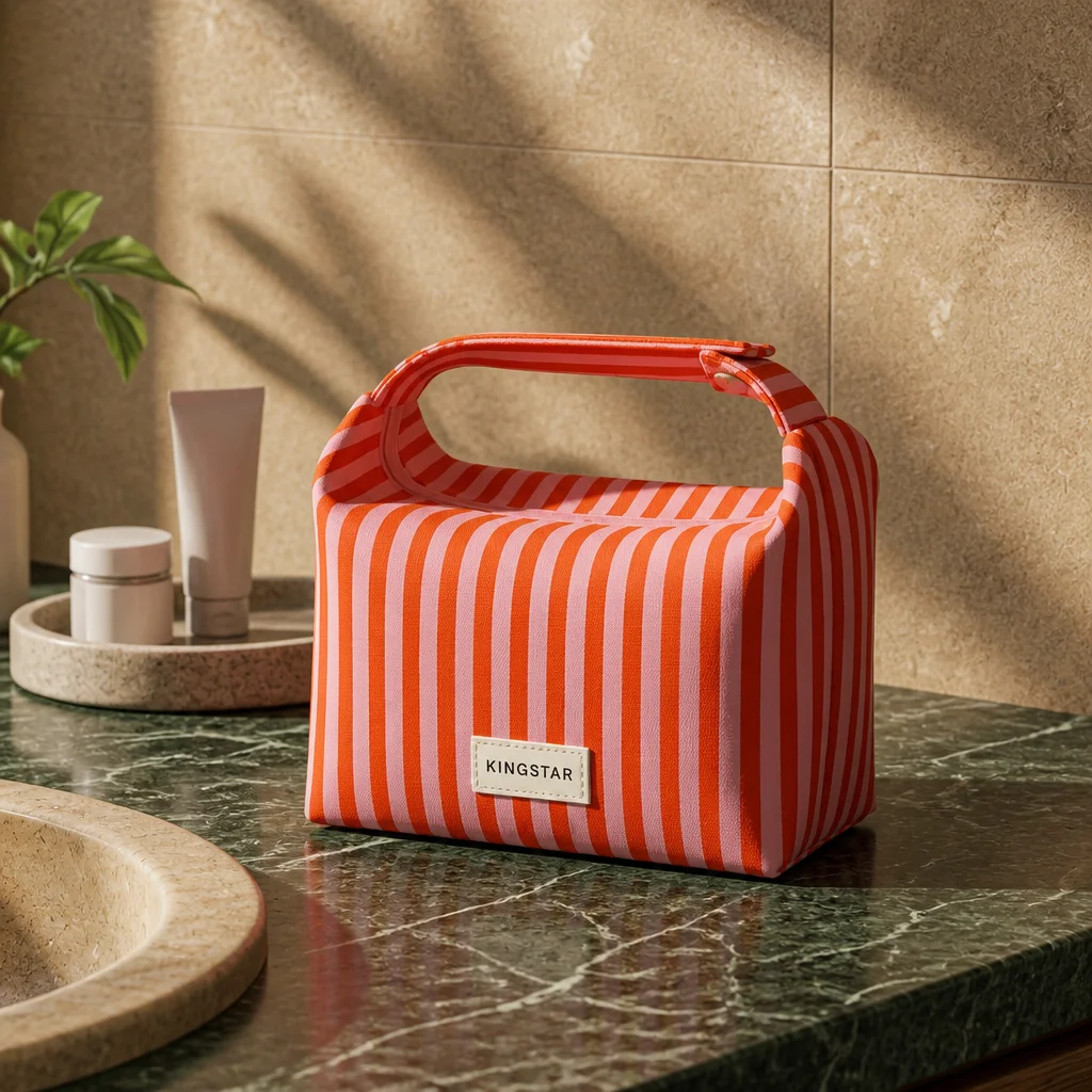 Bolsa cosmética personalizable ecológica de lona con rayas, cremallera y asa con cierre de presión; organizador portátil de maquillaje y neceser de viaje