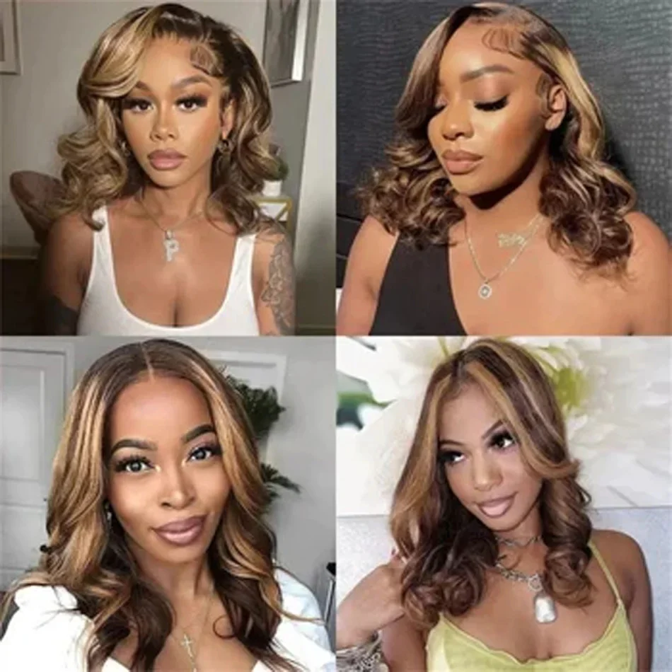 Short Bob Wigs Body Wave Highlight pre-plucked Brazilian Remy Human Hair Frontal Lace Wig Women_voghion.com