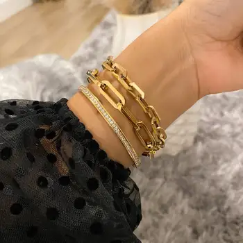 Bracelet Chaîne Trombone Or 18 Carats, Acier Inoxydable Plaqué Or, Motif Maillons, Modèle N831