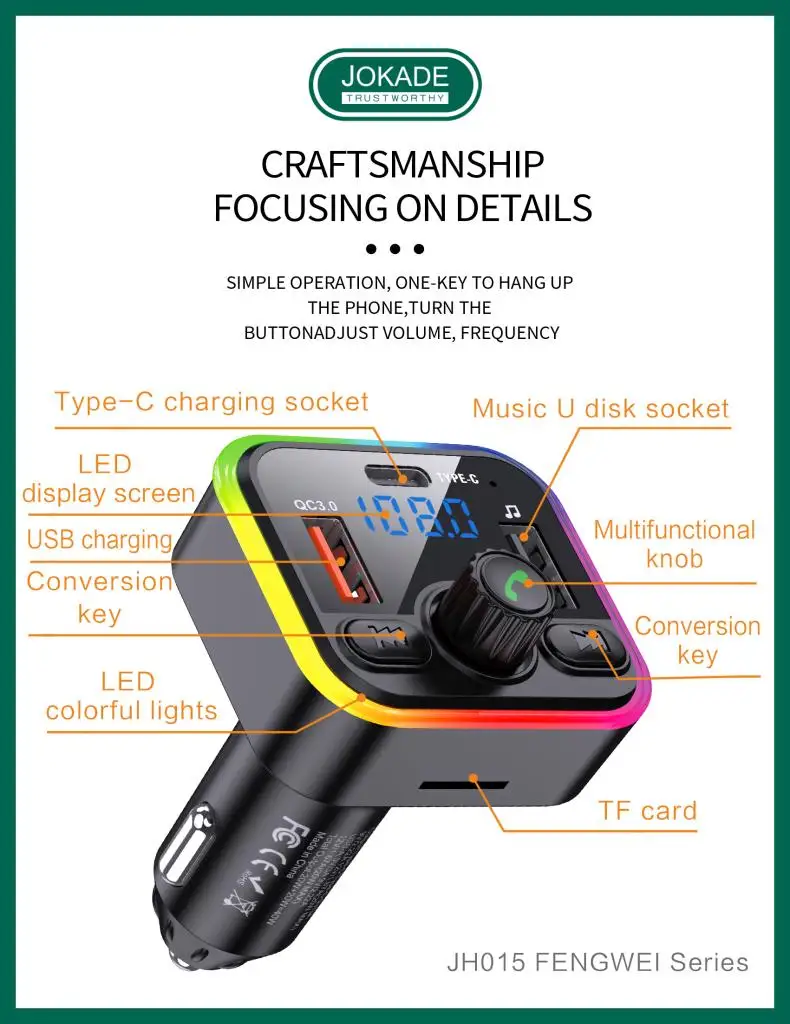 JOKADE cheap FM Transmitter Car charger with light BT3.0+EDR wireless PD40W fast charging solutions FM 87.5-108.0MHz CAR CHARGER