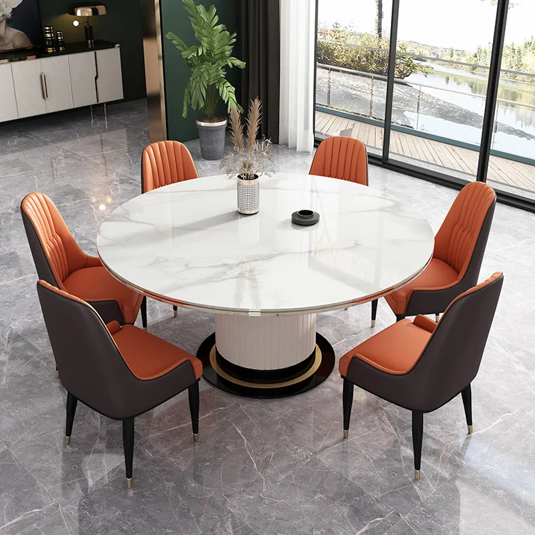 Modern White 8MM Glass Dining Table with Seater Set Tempered Glass Table  Top Stainless Steel Base Automatic Rotating Table