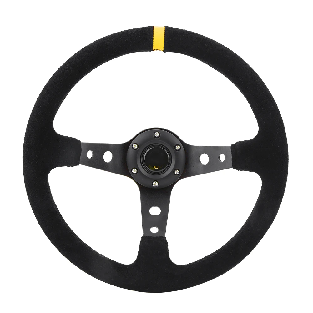 Romsion Vehicle Accessories 14Inches 350mm Flat Suede Leather Drifting Corn Shelf Steering Wheel with Black Box red 