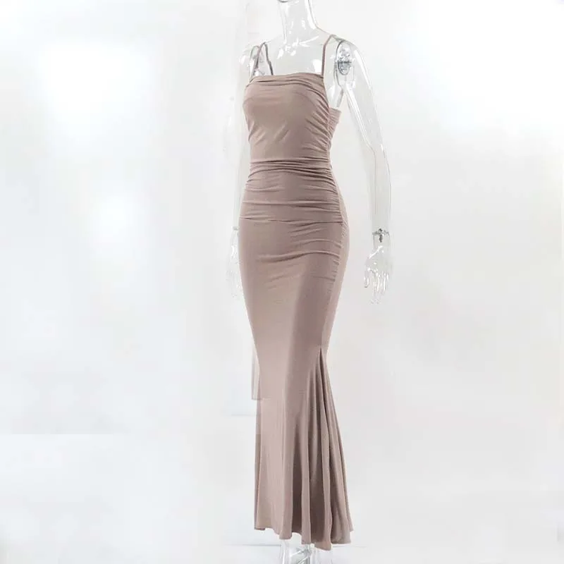 Party Sleeve Solid Color Party Culb SLIM Dress High Waist Suspender Ruffled Fold Maxi Dresses