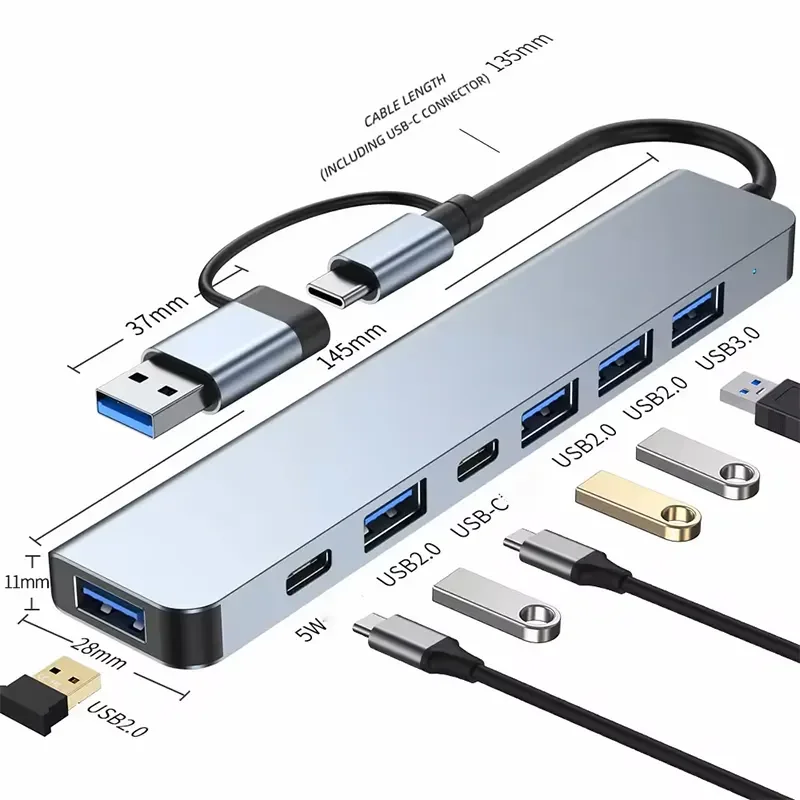7 In1 USB C Port Hub Aluminum 7 in 1 Multiport USB Extender Splitter Hub with Multiple USB Ports Portable Docking Station