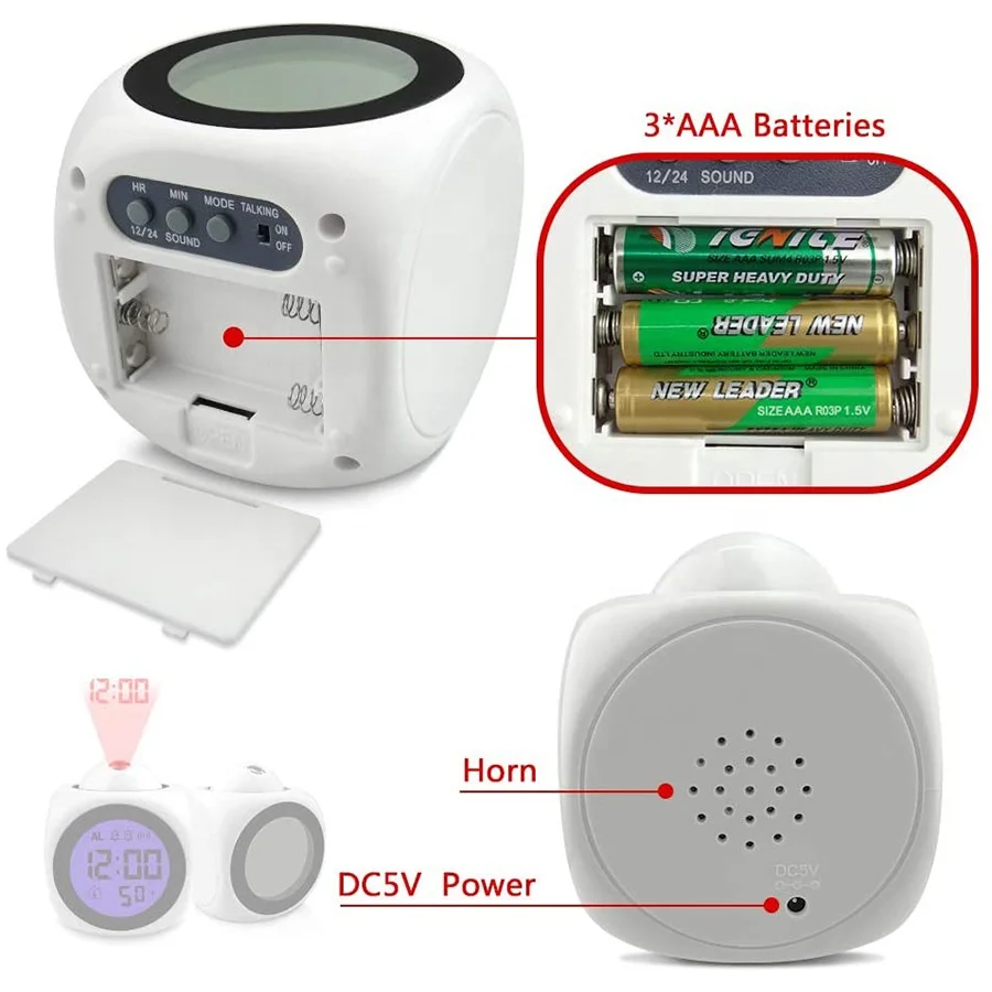 KH-CL012 OEM Small Mini Cube Digital Talking Time Wall Ceiling LED Light Projection Alarm Clock with LED Blue Backlight