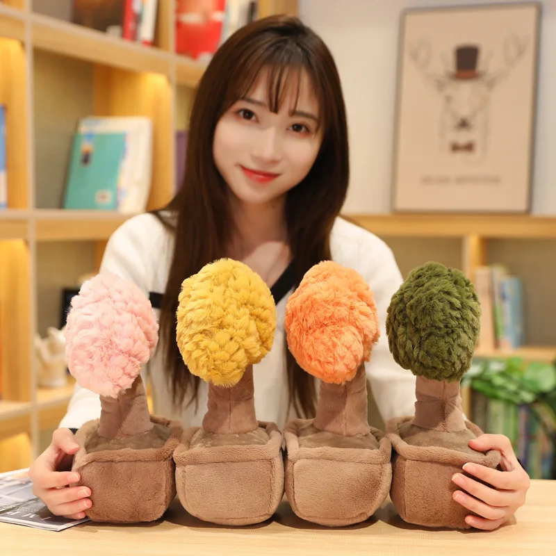カラフルな盆栽のぬいぐるみ飾り、キュートな笑顔のパキラツリー