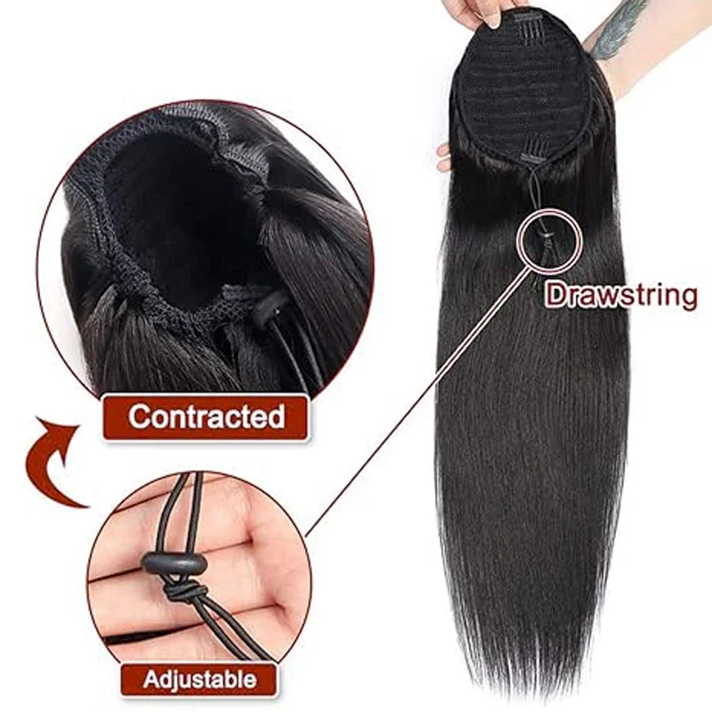 Extensions de queue de cheval droites à clipser en cheveux humains avec cordon de serrage de couleur naturelle pour femmes_voghion.com